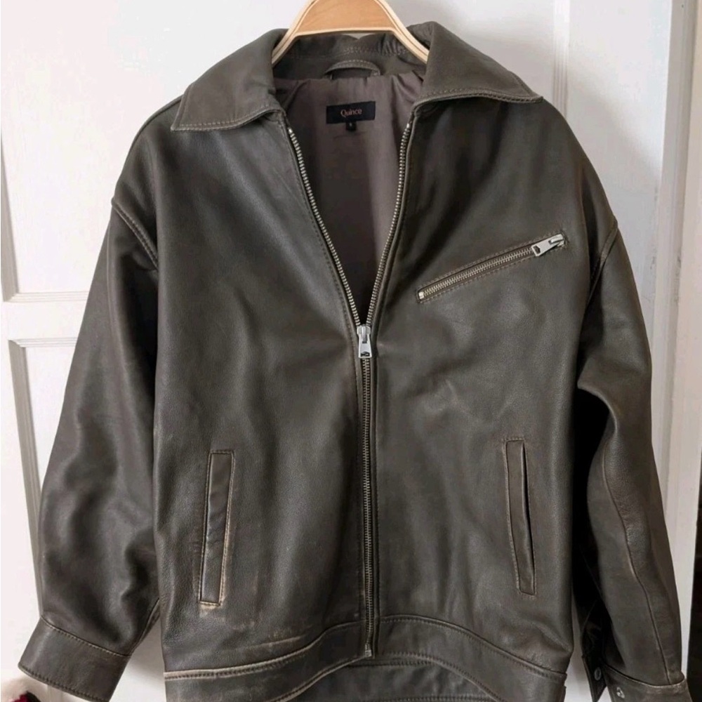 NWOT Quince brown leather oversized bomber jacket S